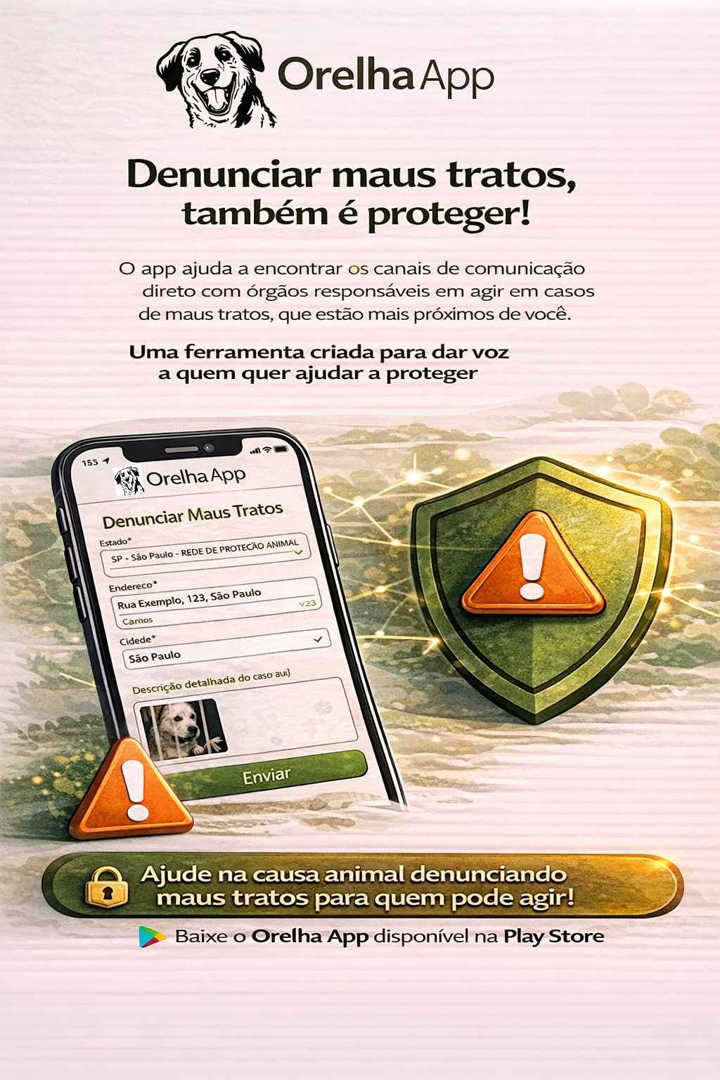 Banner do Orelha App com fluxo de denúncia de maus-tratos